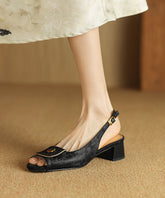 Retro Black Chunky Cowhide Leather Embossed Splicing Sandals