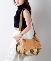 Versatile Large Capacity Calf Leather Patchwork Canvas Satchel Bag Handbag
