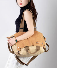 Versatile Large Capacity Calf Leather Patchwork Canvas Satchel Bag Handbag
