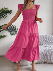 Ruffle Off The Shoulder Embroidered Floral Tiered Maxi Dress - Rose