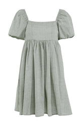 Cute Puff Sleeve Square Neck Linen Babydoll Mini Dress - Green