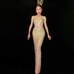 Waisted Mermaid Long Dress With Diamonds