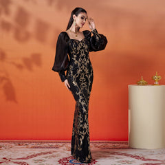 Square neck hip-hugging sequined banquet evening dress