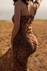 Leopard Spaghetti Strap Cowl Neck Chiffon Slip Maxi Dress - Coffee