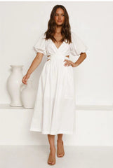 Cute Belted Puff Sleeve Cutout Beach Vacation Midi Dress - White