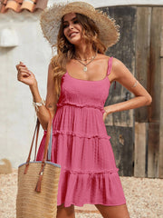 Flattering Tiered Ruffle Empire Waist Mini Summer Sundress - Pink