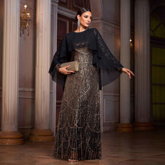 Long-sleeved round neck cape sequined evening dress