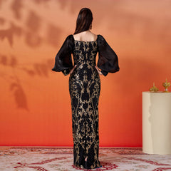 Square neck hip-hugging sequined banquet evening dress