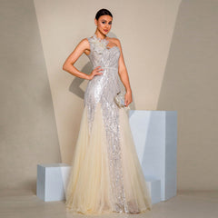 Slim Fit Hip-hugging Sequined Slit Banquet Evening Dress