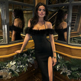 Halter neck fur sleeveless elegant slit dress