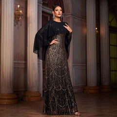 Long-sleeved round neck cape sequined evening dress