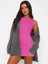 Elegant High Boat Neck Sleeveless Bodycon Mini Dress - Rose Red