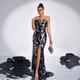 Boat neckline hip-hugging sequined evening dress