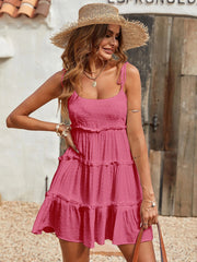 Flattering Tiered Ruffle Empire Waist Mini Summer Sundress - Pink