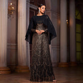 Long-sleeved round neck cape sequined evening dress