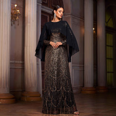 Long-sleeved round neck cape sequined evening dress