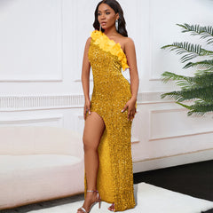 A Side-Neck Slit Sequin Dress