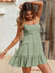 Flattering Tiered Ruffle Empire Waist Mini Summer Sundress - Green