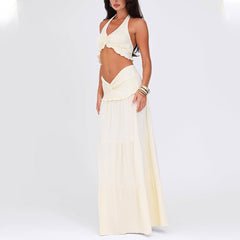 V-Neck Ruffled Top With Navel-Baring Long Skirt