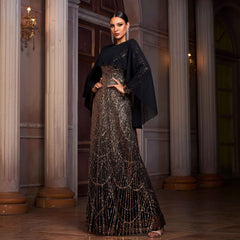 Long-sleeved round neck cape sequined evening dress