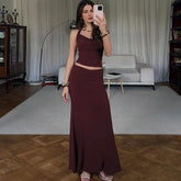 Tie-Drawstring Halter Top and Slim Pleated Skirt Set