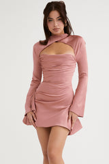 Swan Backless Halter Draped Satin Mini Dress - Pink