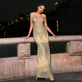 Sleeveless V-neck sequined mermaid evening gown