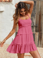 Flattering Tiered Ruffle Empire Waist Mini Summer Sundress - Pink