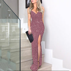 A Halter Sequined Slit Dress