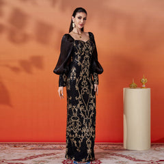 Square neck hip-hugging sequined banquet evening dress