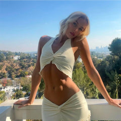 V-Neck Ruffled Top With Navel-Baring Long Skirt