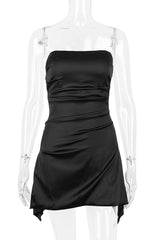 Silky Satin Pleated Trim Corset Strapless Party Mini Dress - Black