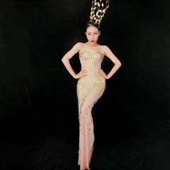 Waisted Mermaid Long Dress With Diamonds