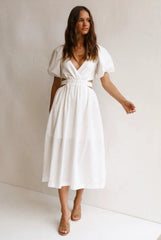 Cute Belted Puff Sleeve Cutout Beach Vacation Midi Dress - White