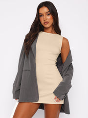 Elegant High Boat Neck Sleeveless Bodycon Mini Dress - Off White