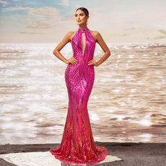 Off-shoulder slim fit hip sequined fishtail evening dress