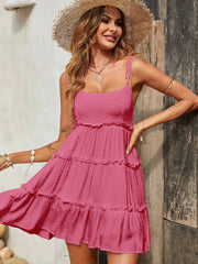 Flattering Tiered Ruffle Empire Waist Mini Summer Sundress - Pink