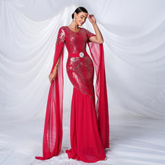 Round neck sequined hip-hugging mermaid evening dress