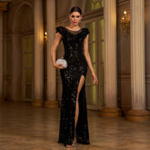 Round neck sequined hip-hugging slit evening dress