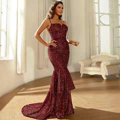 Sequined boat neckline open back evening dress