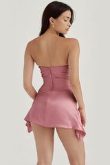 Silky Satin Pleated Trim Corset Strapless Party Mini Dress - Rose