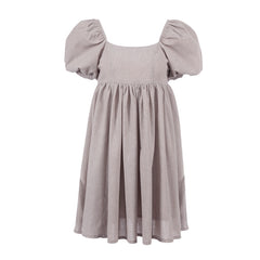 Cute Puff Sleeve Square Neck Linen Babydoll Mini Dress - Khaki