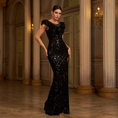 Round neck sequined hip-hugging slit evening dress