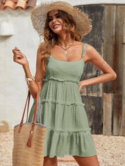 Flattering Tiered Ruffle Empire Waist Mini Summer Sundress - Green