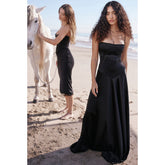 Square Neck Pintuck Trim Lace Up Back Satin Slip Maxi Dress - Black