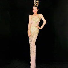 Waisted Mermaid Long Dress With Diamonds