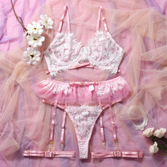 Pink 3Pcs Color Block Lace Bralette Lingerie Set