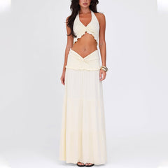 V-Neck Ruffled Top With Navel-Baring Long Skirt