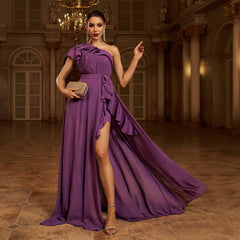 Chamfer neck chiffon lace dinner party dress