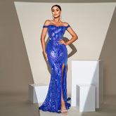 Boat Neck Sequined Slit Evening Gown Dress